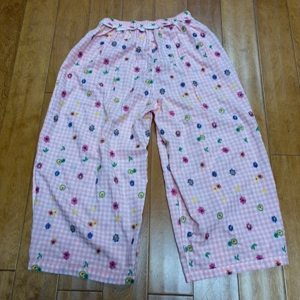 Womens Pink Gingham Floral Embroidered Wide Leg Pajama Pants *M Cottagecore Boho